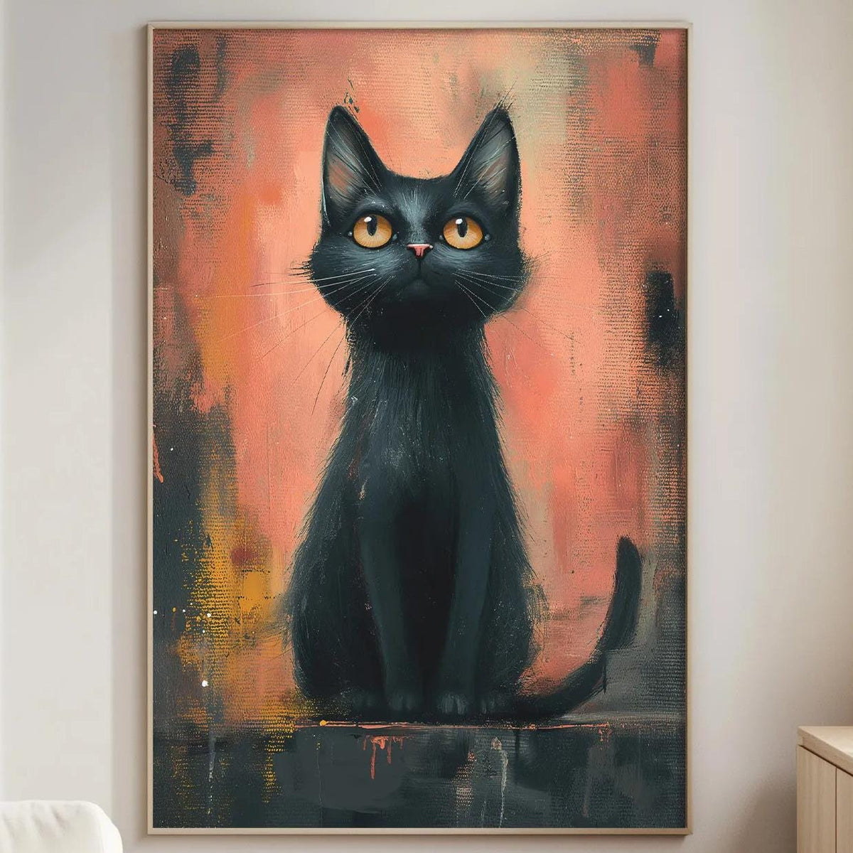 a large black cat sitting on a ledge in a living room.