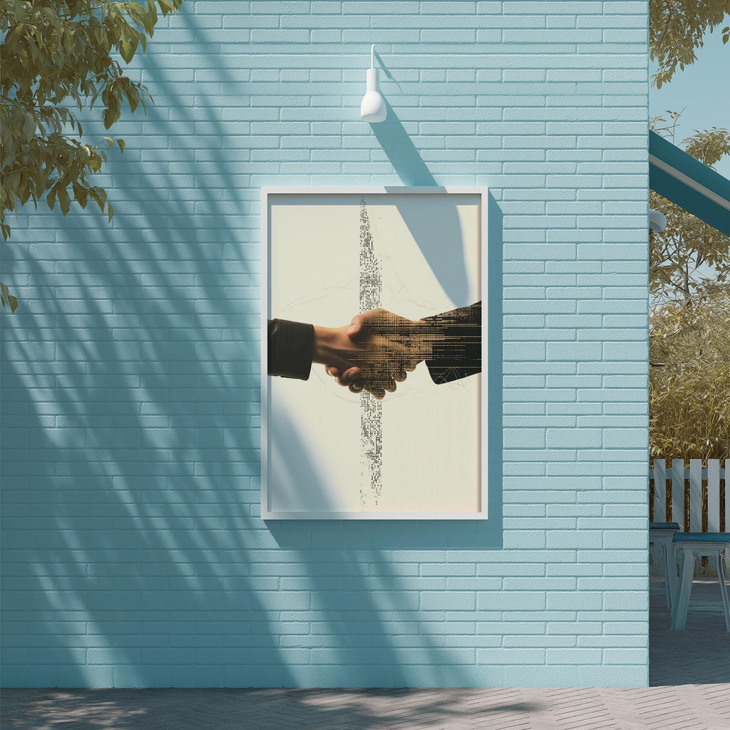 a framed picture of two hands clasping, mounted on a blue brick wall.