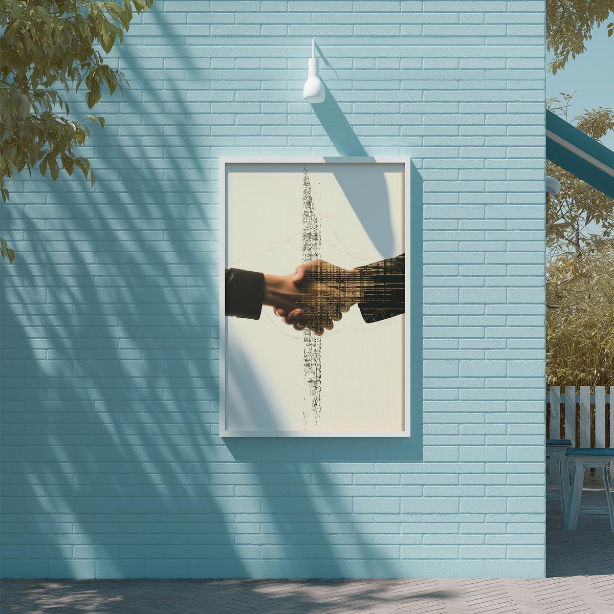 a framed picture of two hands clasping, mounted on a blue brick wall.