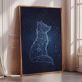 a large framed poster depicting a fox sitting in the middle of a starry night sky.