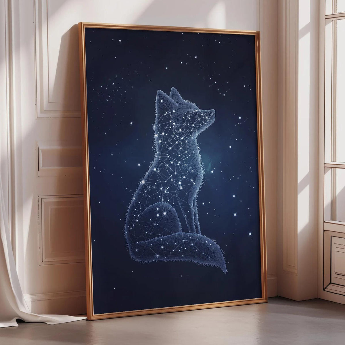 a large framed poster depicting a fox sitting in the middle of a starry night sky.