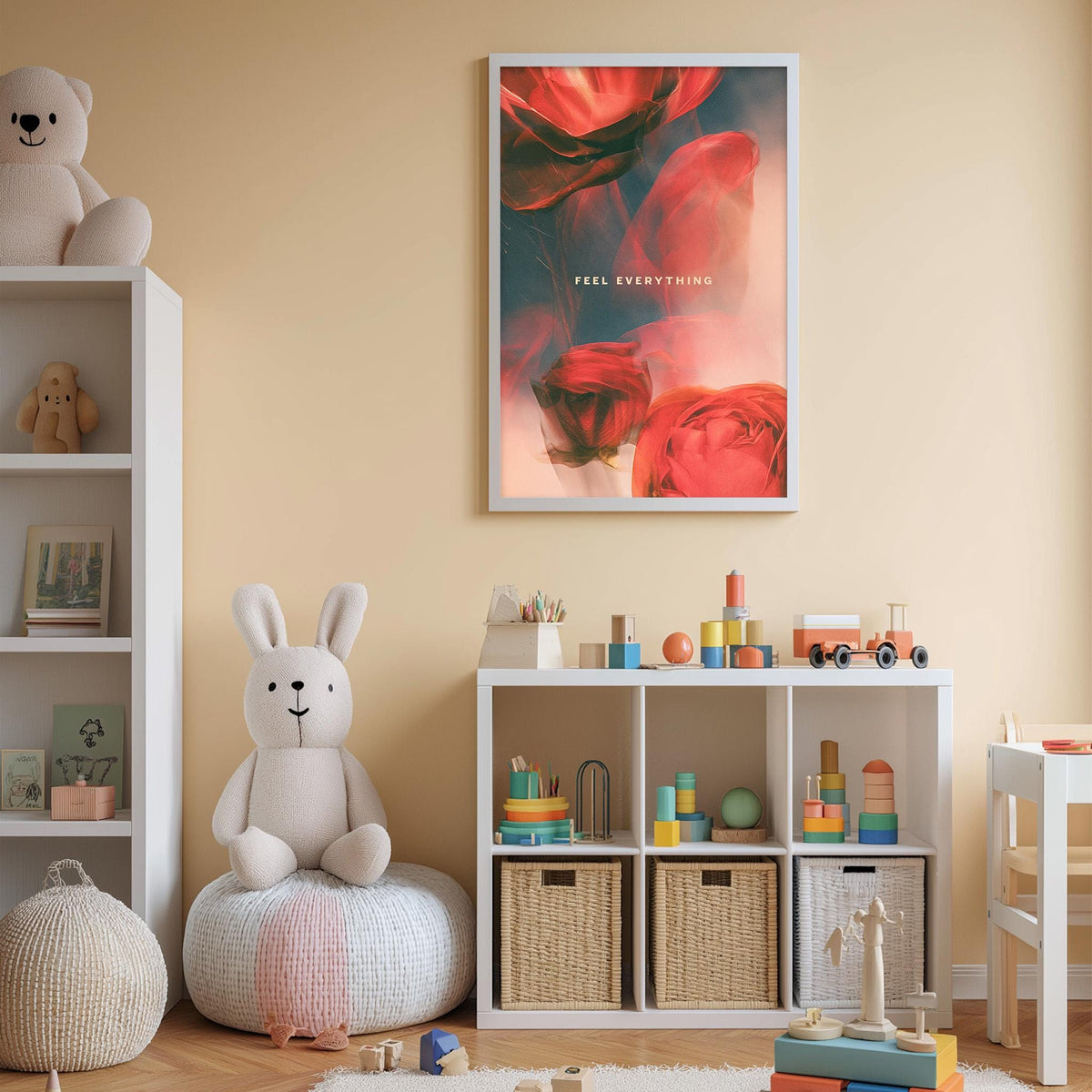 A cozy and colorful children's bedroom with a large stuffed rabbit, a bookshelf, and a toy chest filled with toys. A framed poster with the text "Feel Everything" hangs on the wall above the toy chest.