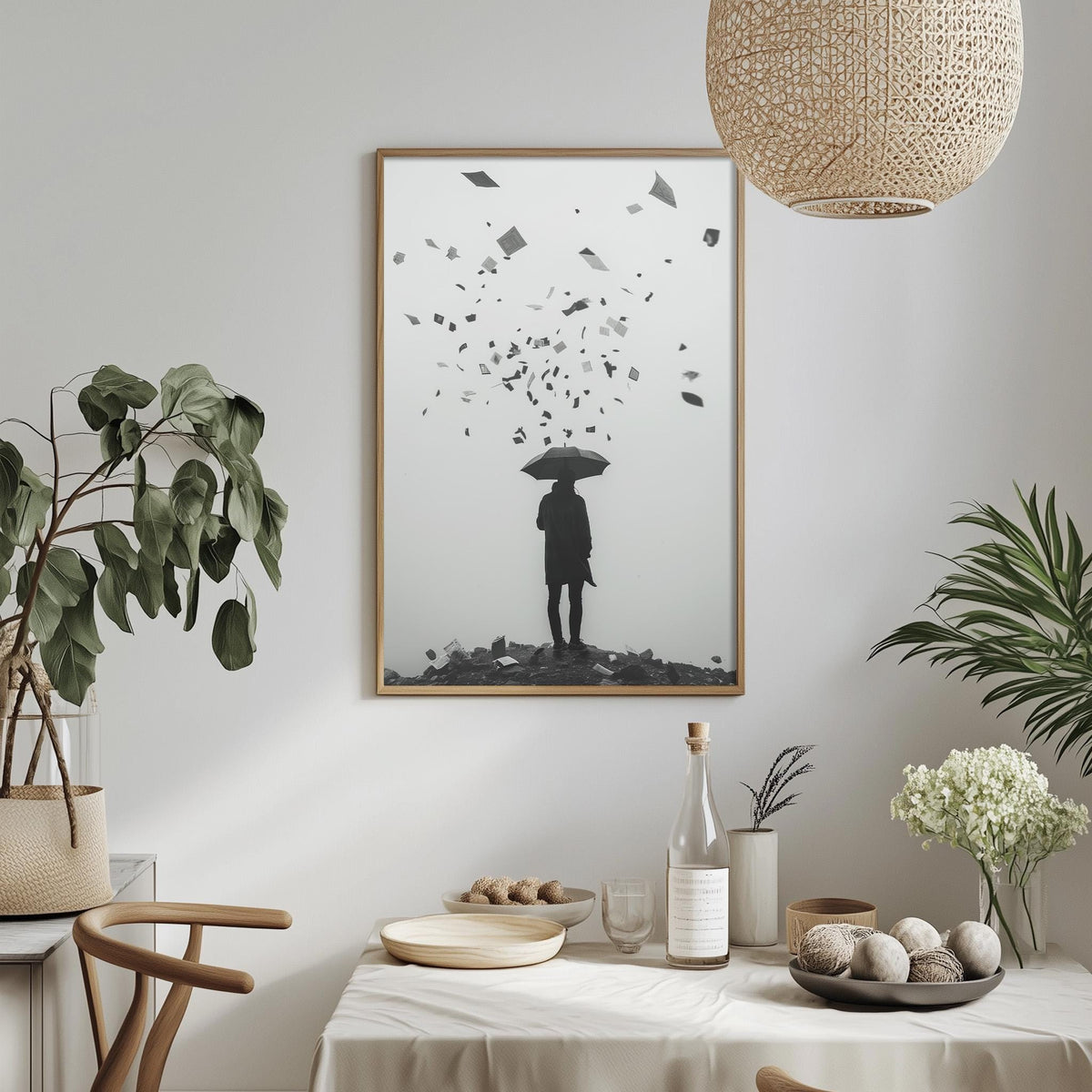 a dining table with a white tablecloth, a bowl of fruit, a bottle, and a vase with flowers. Above the table, there is a framed picture of a person holding an umbrella, with a wicker pendant light hanging above.