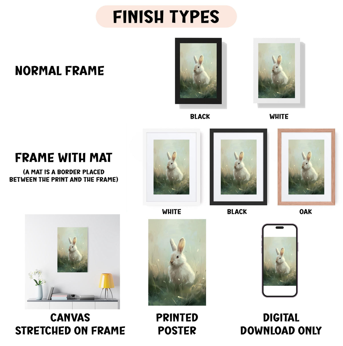 various types of artwork, including a canvas stretched on a frame, a framed poster, and a digital poster. The artwork features a white rabbit in a field, and the image is labeled with different finish types such as "NORMAL FRAME", "FRAME WITH MAT (MAT is a border placed between the print and the frame)", "WHITE", "BLACK", and "OAK".
