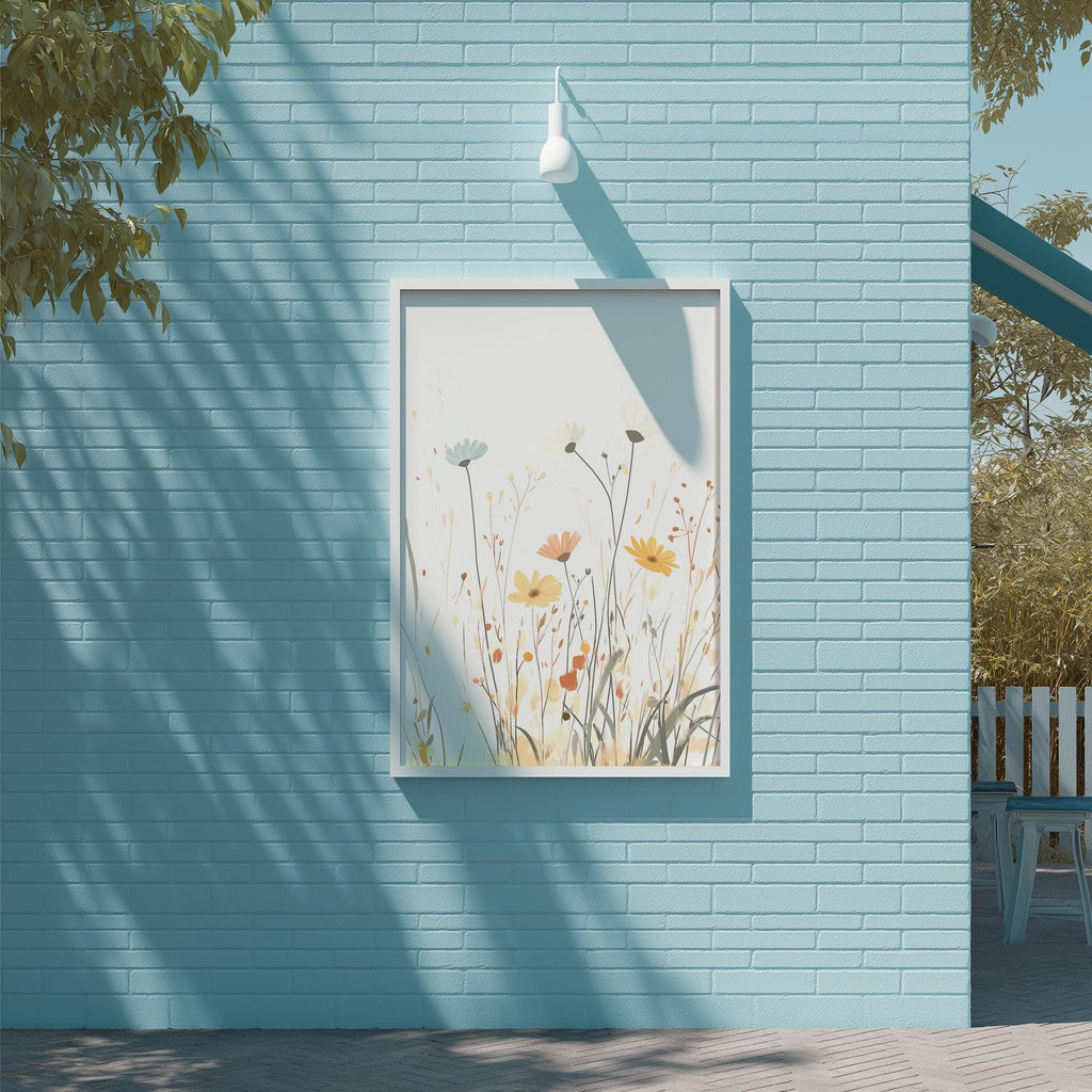 a blue brick wall with a framed painting of flowers hanging on it. The painting is set against a light blue background, creating a serene and calming atmosphere.