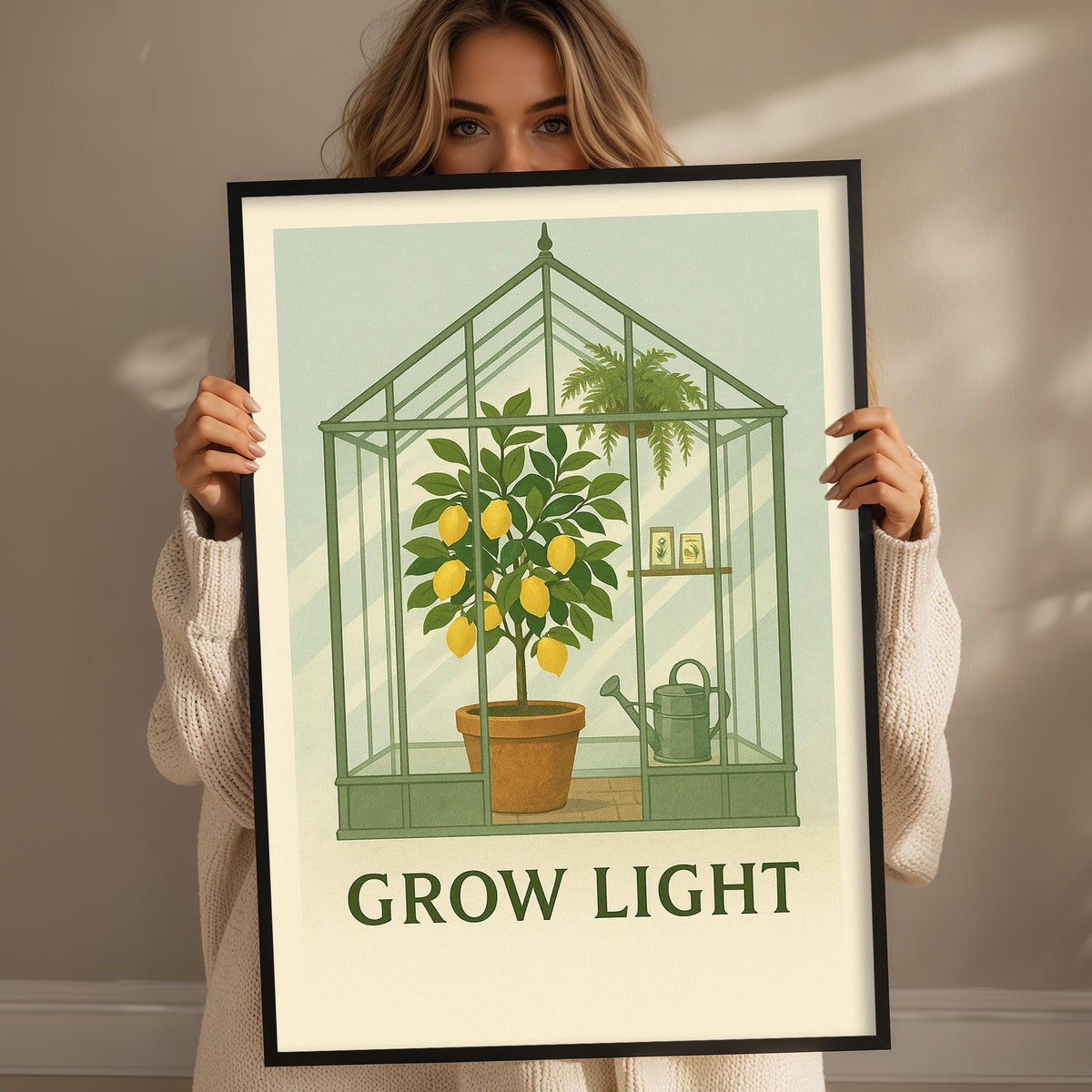 A woman holds up a framed poster with a green greenhouse and a lemon tree inside, accompanied by the text "GROW LIGHT".