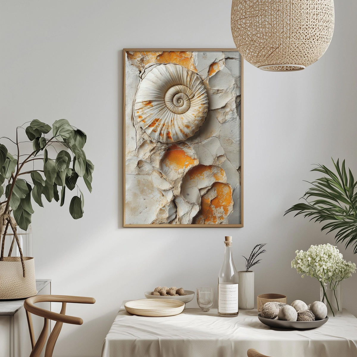 a dining table with a white tablecloth, a bowl of fruit, a bottle, and a vase with flowers. Above the table, there is a framed picture of a shell with orange and white hues.