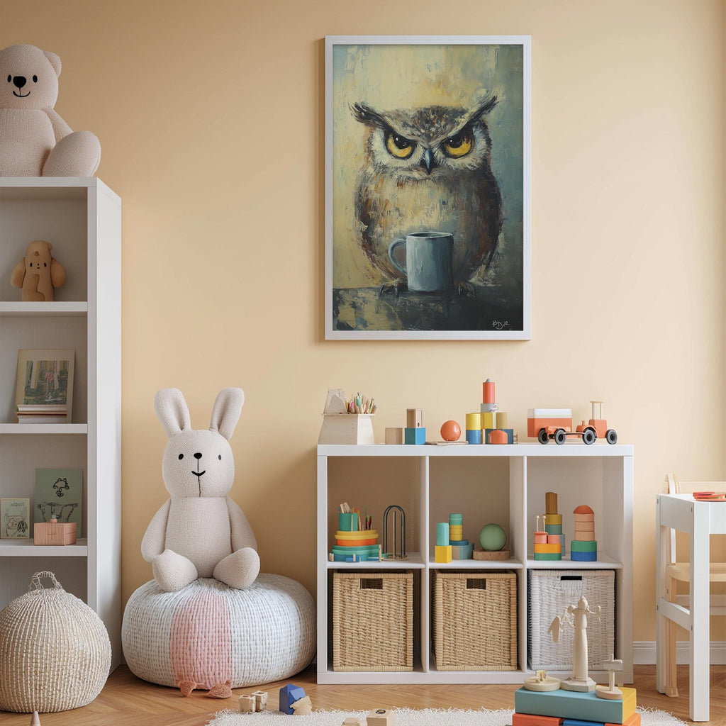 A cozy children's room with a white bookshelf, a plush rabbit, and a colorful toy box filled with various toys. A framed painting of an owl is hanging on the wall above the bookshelf.