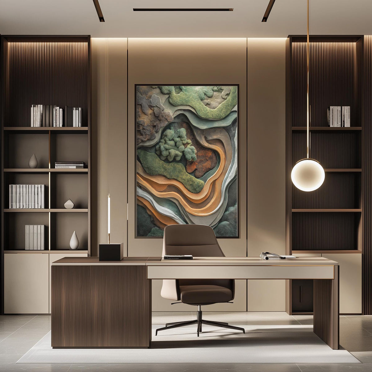 a modern and stylish office space with a large abstract painting on the wall, a wooden desk with a chair, and built-in bookshelves.