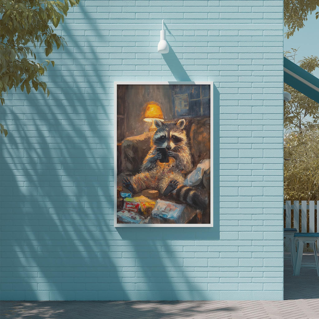 A raccoon sitting on a chair in a room, with a lamp and various objects around it, as depicted in a framed painting on a blue wall.