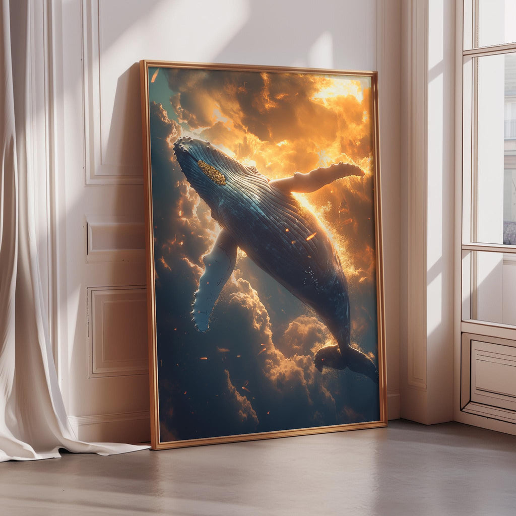 a large framed painting depicting a whale swimming in the ocean, with a dramatic sky in the background.