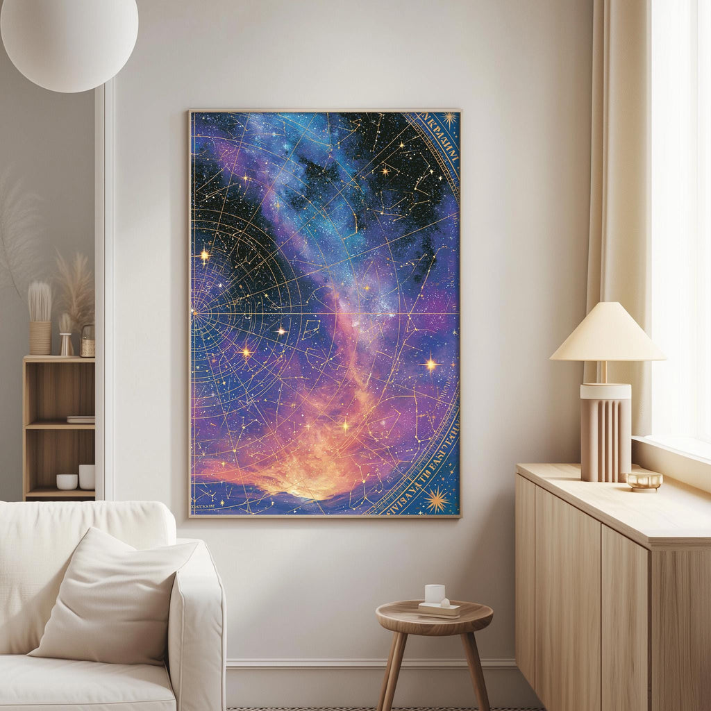 a large, colorful painting of a starry night sky hanging on a wall in a living room.