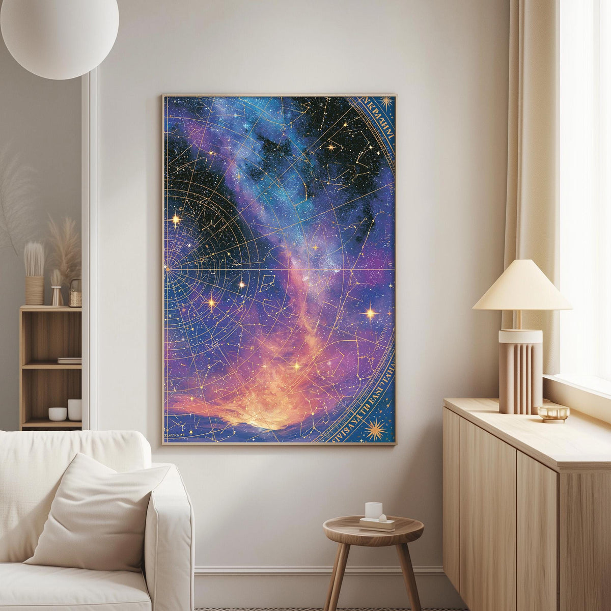 a large, colorful painting of a starry night sky hanging on a wall in a living room.