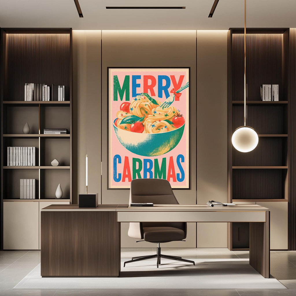 a modern office space with a large framed poster on the wall that says "MERRY CARRMAS". The office has a wooden desk, a chair, and a bookshelf. The overall design and decor of the space create a professional and stylish atmosphere.