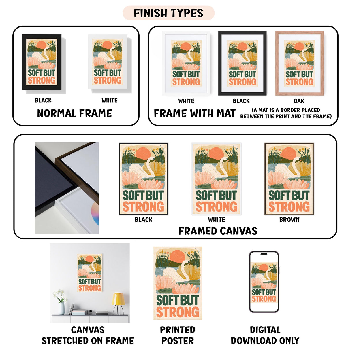 various images of framed artworks, including prints and posters, with different finishes and frame types. The text provides information about the finishes and frame types, such as "NORMAL FRAME", "FRAME WITH MAT", "SOFT BUT STRONG", "WHITE", "BLACK", "OAK", "SOFT BUT STRONG", "FRAMED CANVAS", and "DIGITAL DOWNLOAD ONLY".