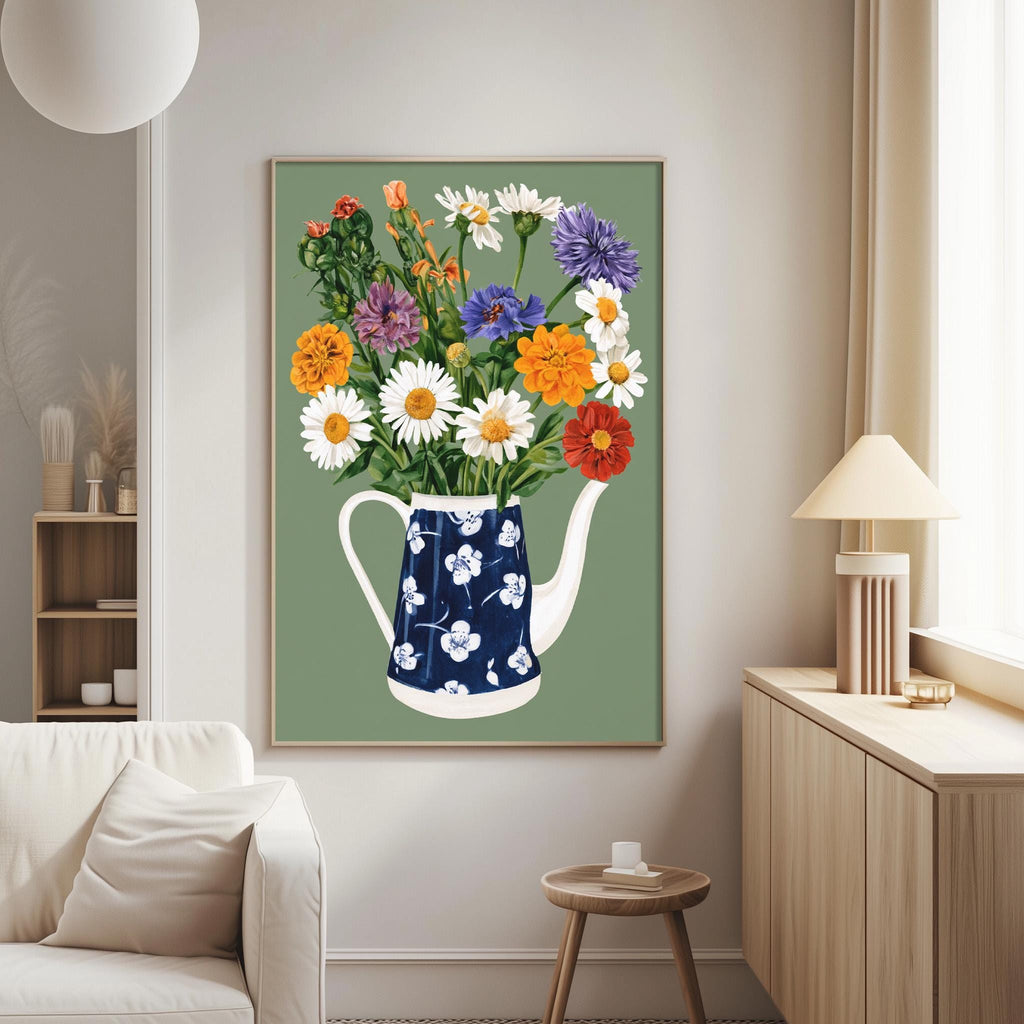 a living room with a large painting of a blue and white teapot filled with a colorful bouquet of flowers hanging on the wall.