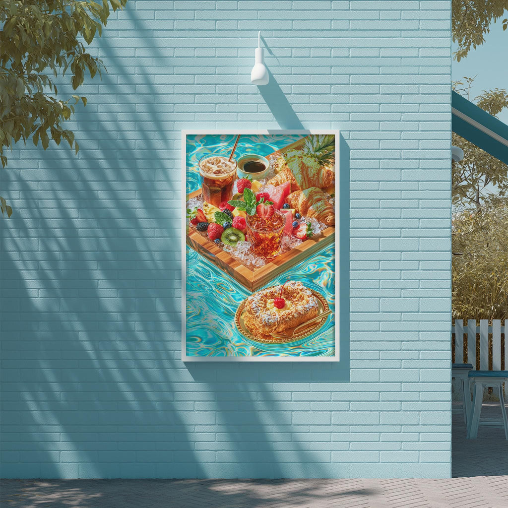A framed image of a variety of food items, including fruits, pastries, and other dishes, displayed on a wall.
