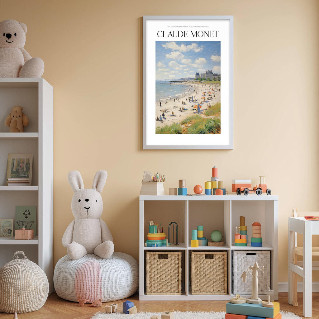 A child's bedroom with a large framed painting of a beach scene hanging on the wall, a white bookshelf filled with toys, and a stuffed rabbit sitting on a bean bag chair.