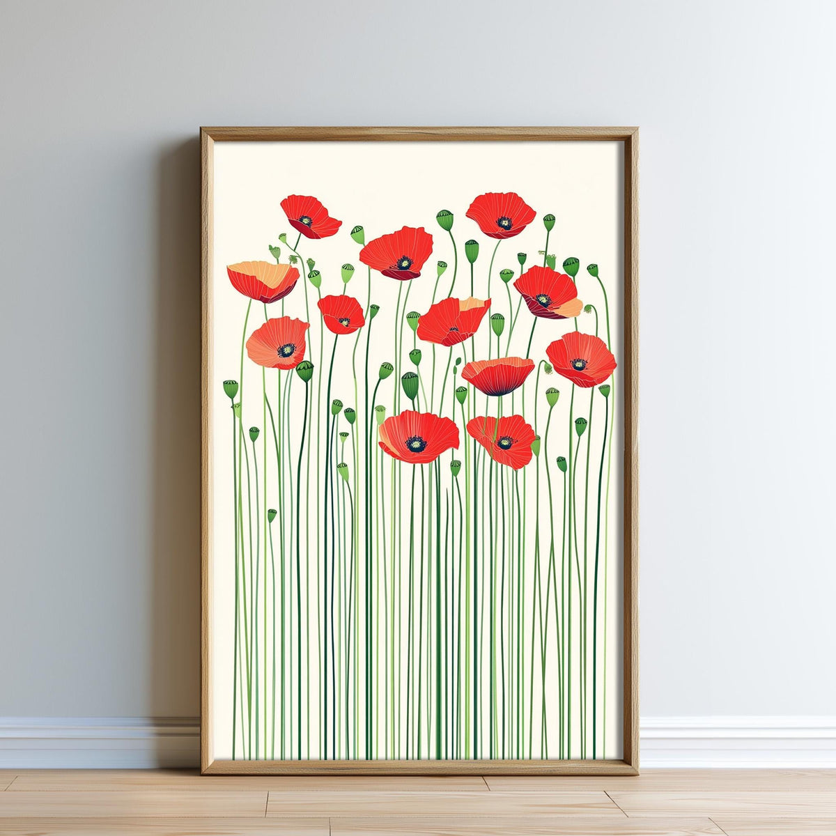 a framed print of red poppies with green stems, displayed on a white wall.
