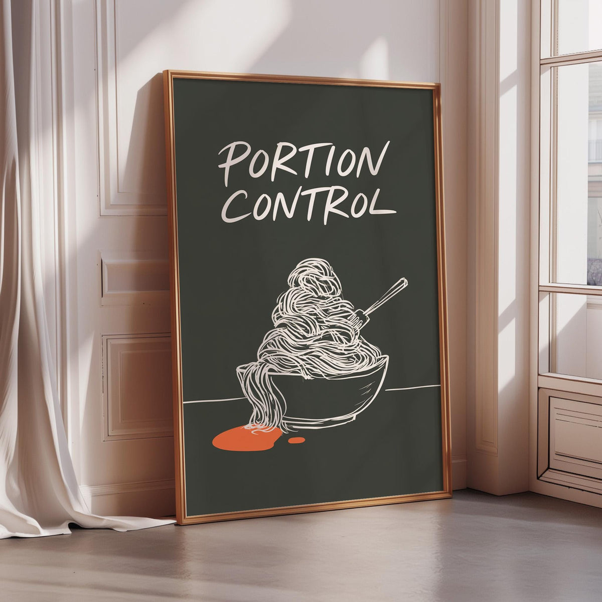a framed poster with the text "PORTION CONTROL" and an illustration of noodles falling out of a bowl.