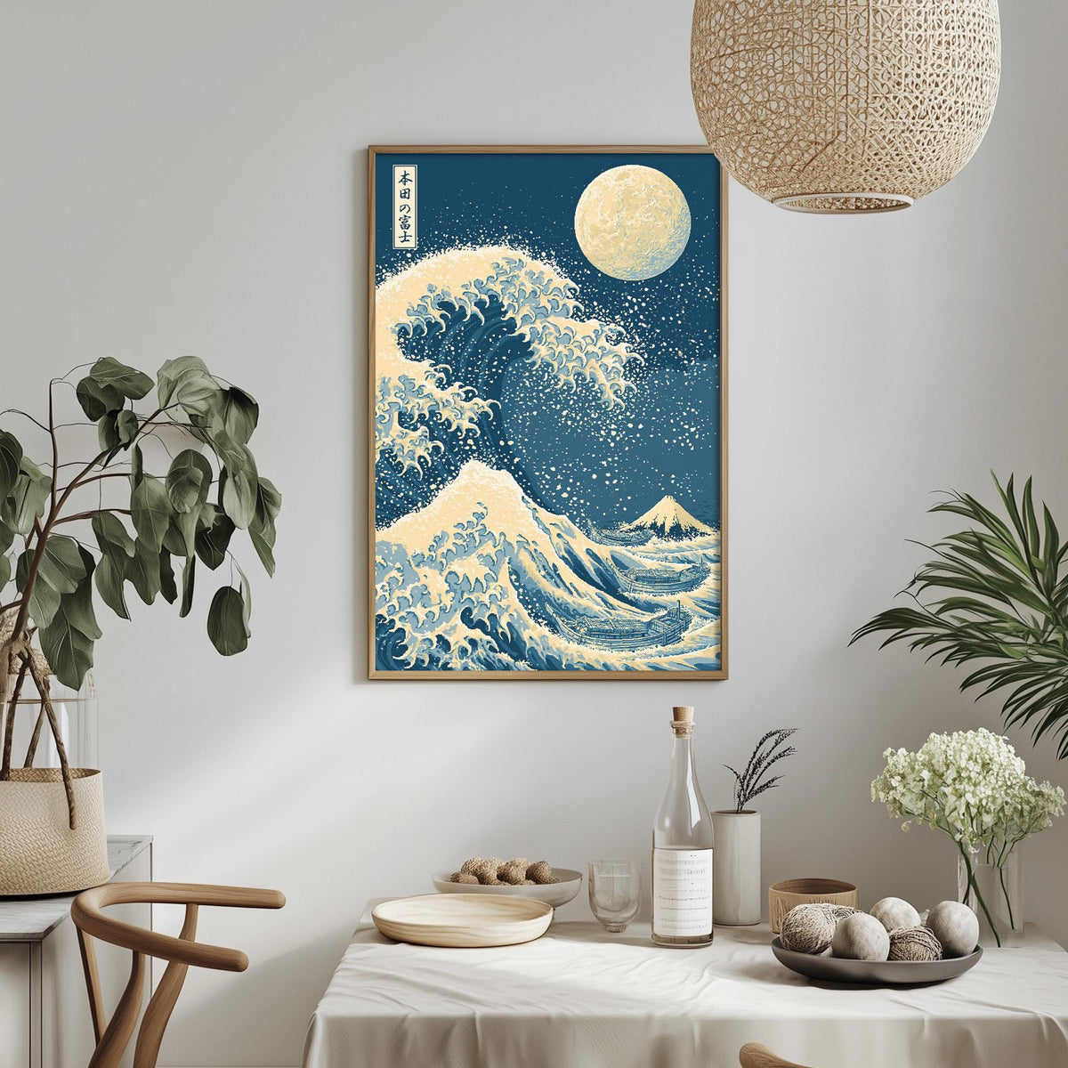a framed artwork of a large wave crashing against a mountain, with a full moon in the background. The artwork is hung on a wall above a dining table, which has various items on it, including a bottle, a bowl, and a vase. The table is set with a white tablecloth and surrounded by potted plants, creating a serene and elegant atmosphere.