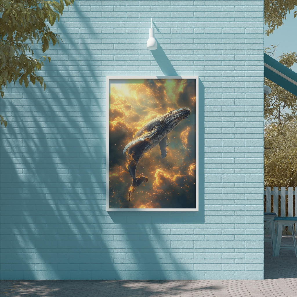 a large framed painting of a whale swimming in the ocean, hanging on a blue brick wall.