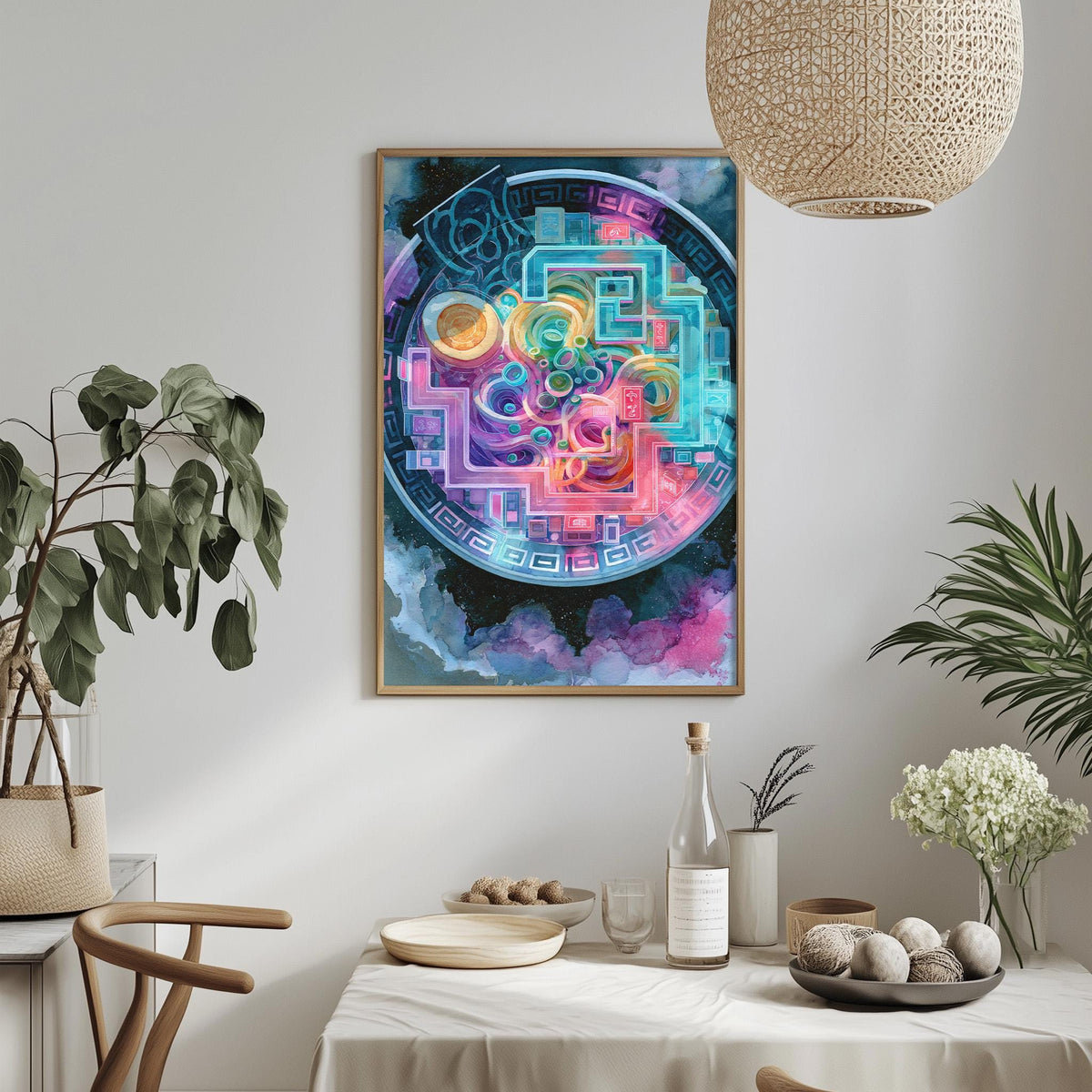 a vibrant and colorful abstract painting hanging on a wall above a dining table. The table is set with various items, including a bottle, a bowl, and a vase, creating a cozy and inviting atmosphere.