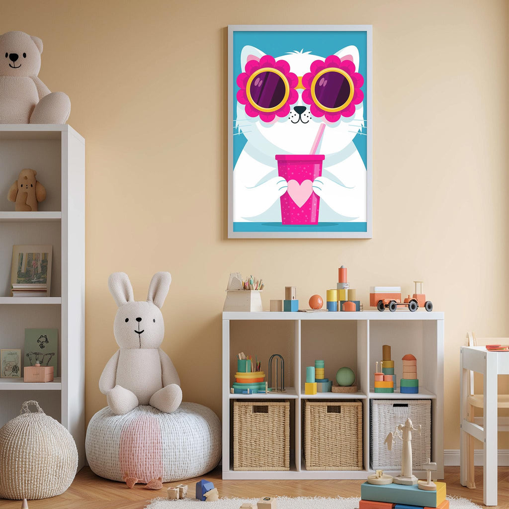 A child's bedroom with a white bookshelf, a stuffed rabbit, and a colorful toy box filled with various toys. A framed poster of a cat wearing sunglasses and holding a drink is hanging on the wall above the bookshelf.