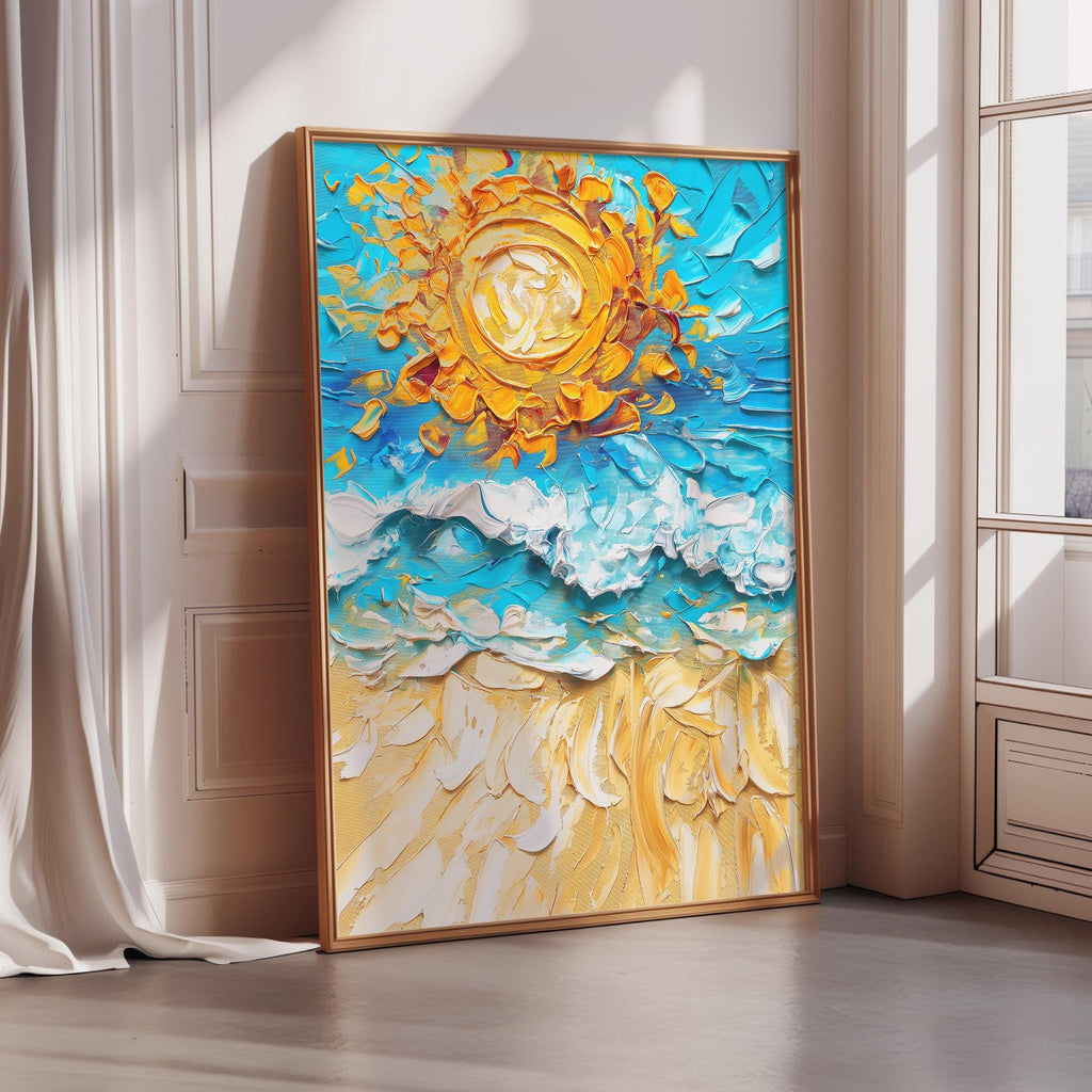 a large, vibrant painting of a sun and ocean scene, with the sun appearing as a bright yellow circle in the center of the painting. The ocean is depicted as a mix of blue and white, with waves crashing against the shore. The painting is framed and displayed on a wall, with a window visible in the background.