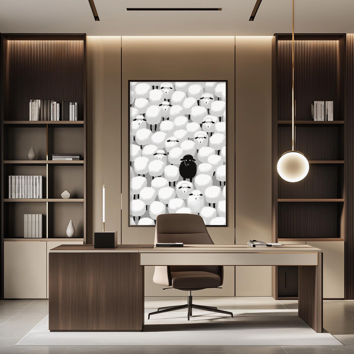 a modern and minimalist office space with a large black and white abstract artwork featuring a flock of sheep on the wall. The office features a wooden desk, a comfortable-looking chair, and a bookshelf filled with books. The overall design and decor create a calm and focused atmosphere.