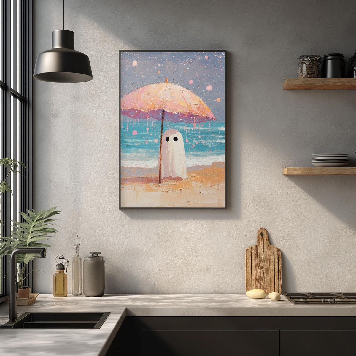 a framed artwork depicting a ghost standing under an umbrella on a beach, with a pink and white umbrella and a blue sky with white clouds in the background.