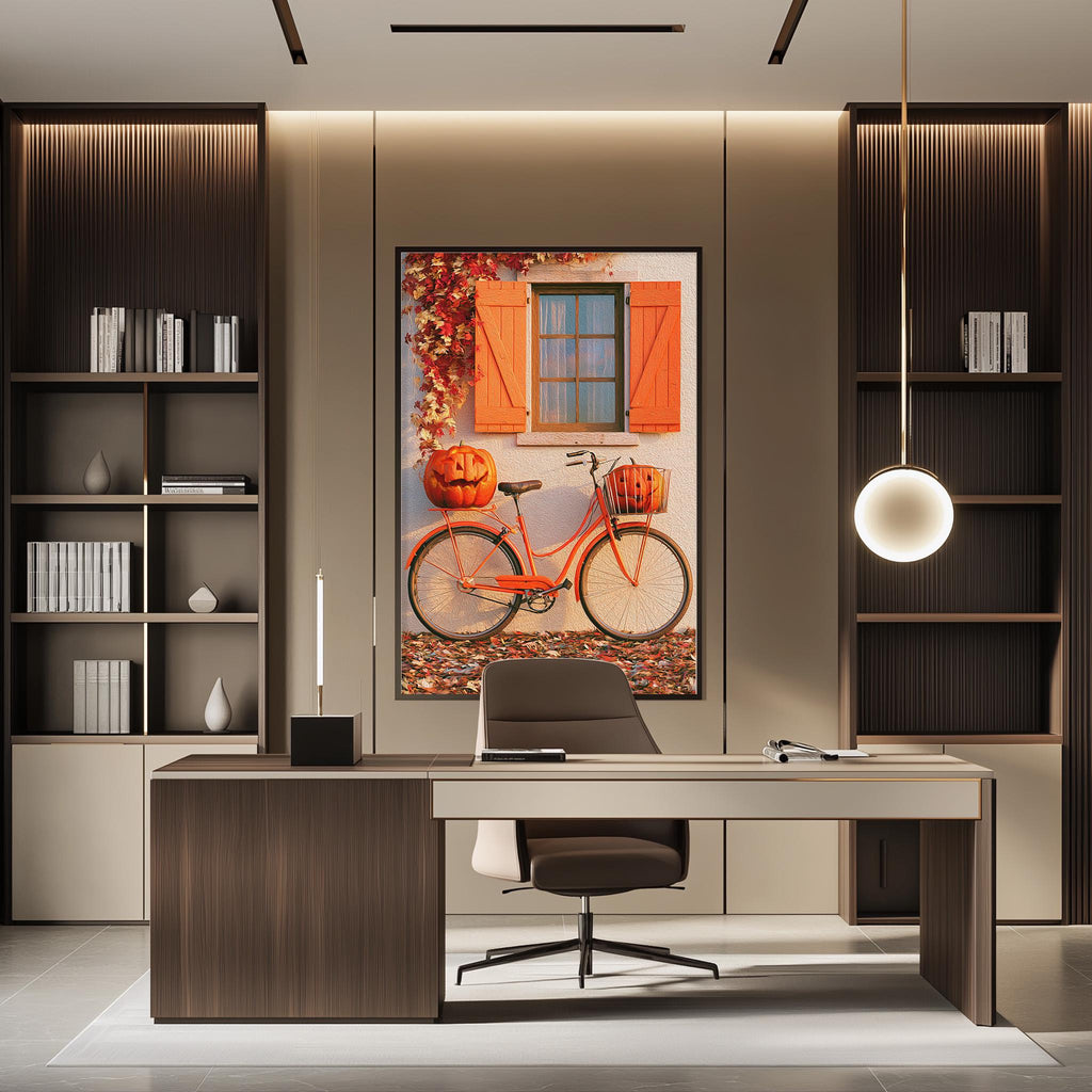 a modern office space with a large framed picture of a bicycle and pumpkins on the wall, creating a festive atmosphere.