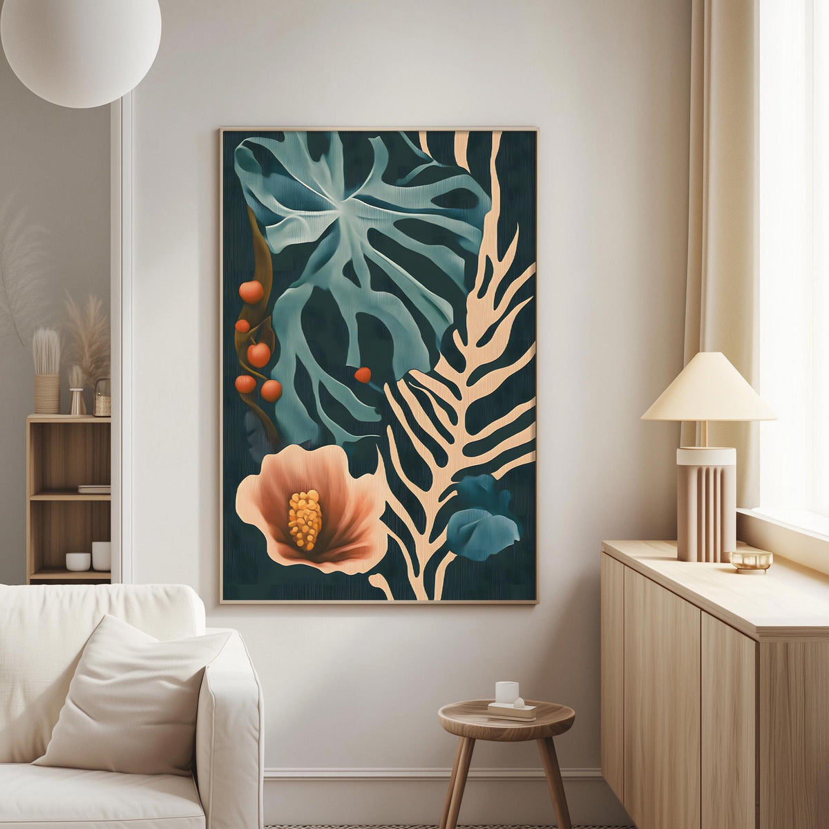a living room with a large framed artwork hanging on the wall, depicting a tropical plant with a pink flower and green leaves. The room has a white sofa, a wooden side table, and a lamp on a wooden cabinet.