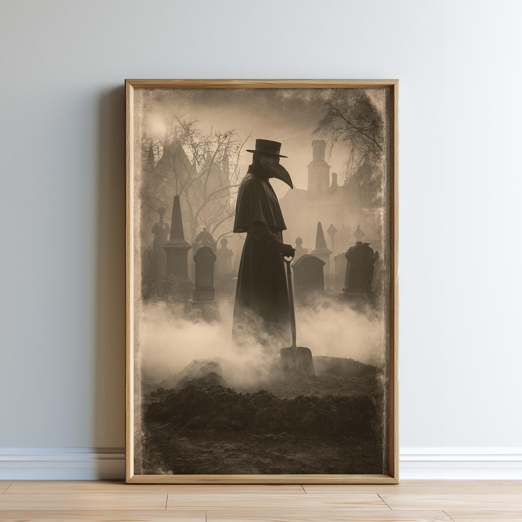A framed black and white image depicting a figure in a long black cloak and mask, holding a shovel, standing in a foggy graveyard.