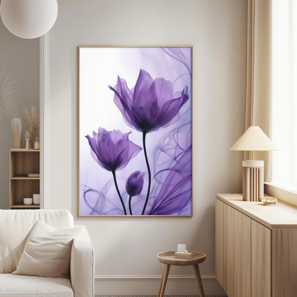 a large framed picture of purple flowers hanging on a wall in a living room.