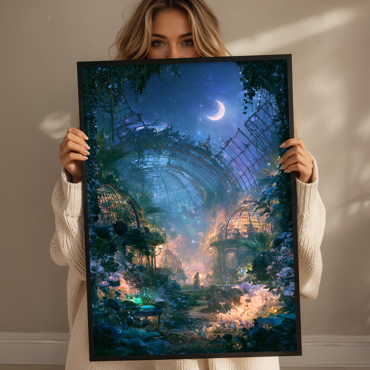 A woman holds up a framed painting depicting a fantastical, surreal landscape with a crescent moon, a castle, and a garden filled with flowers and plants.