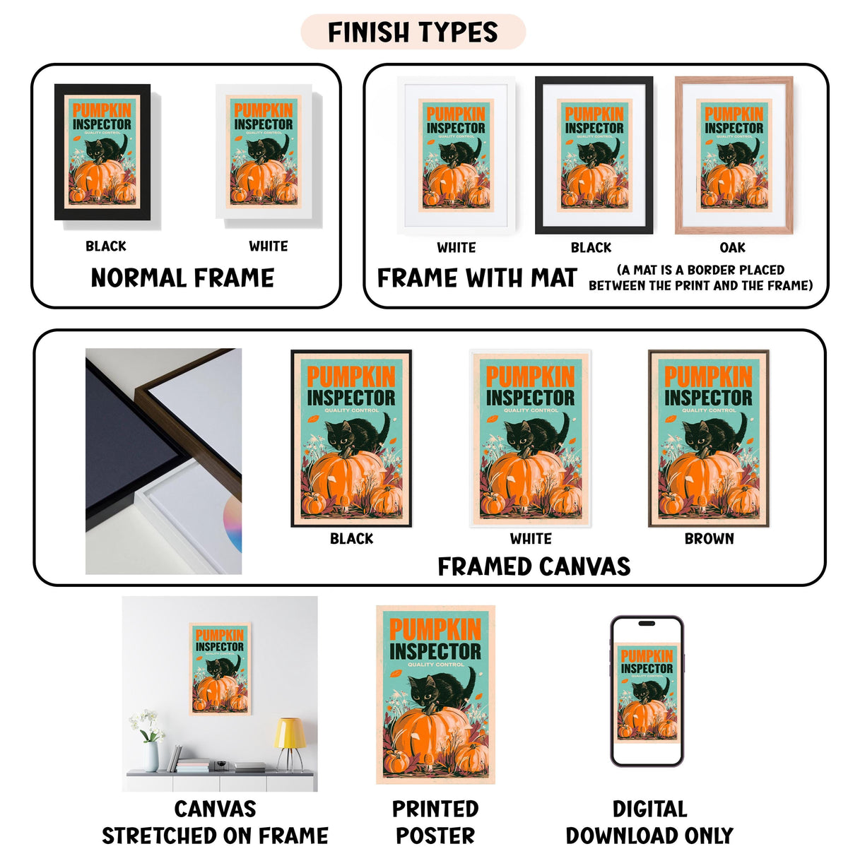 various images of a pumpkin inspector poster, including different frame types and finishes. It also includes a digital download option for the poster.