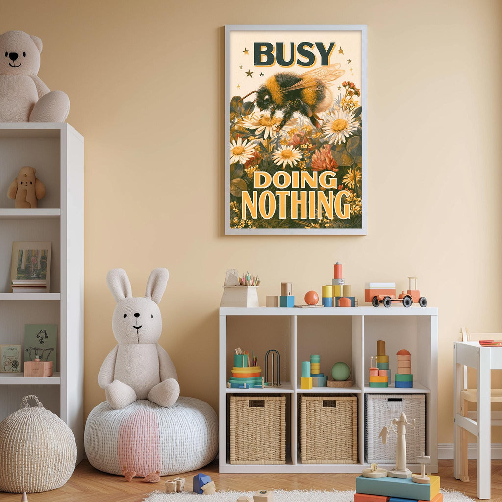 A child's bedroom with a large poster of a bee on the wall, a stuffed rabbit, a toy train, and a toy castle. The room also has a bookshelf, storage bins, and a toy car.