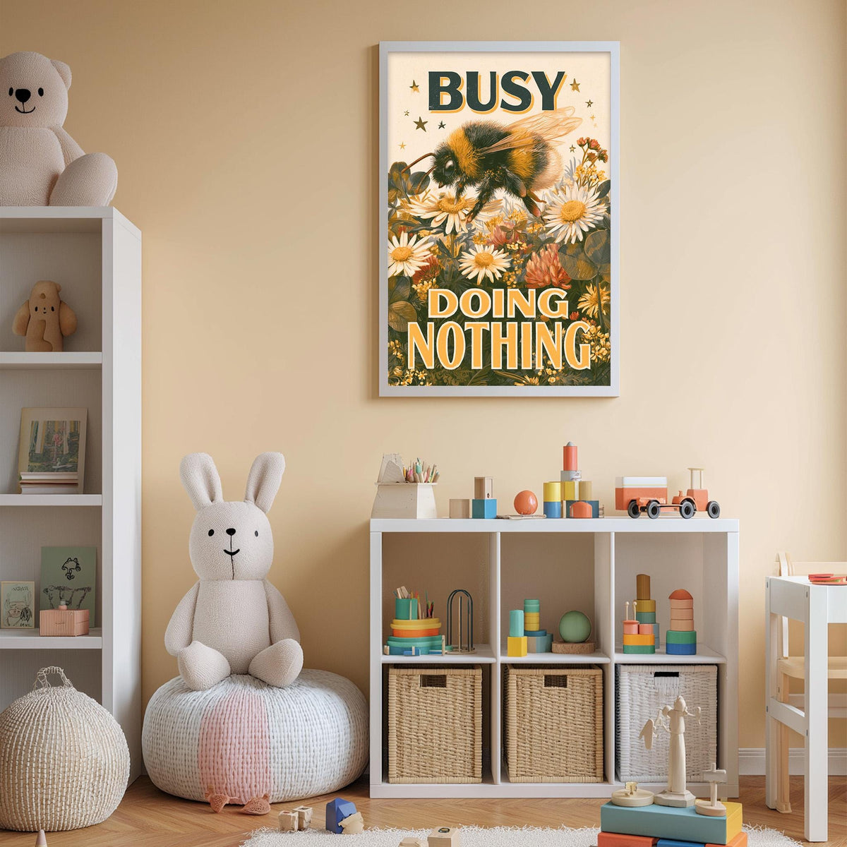 A child's bedroom with a large poster of a bee on the wall, a stuffed rabbit, a toy train, and a toy castle. The room also has a bookshelf, storage bins, and a toy car.