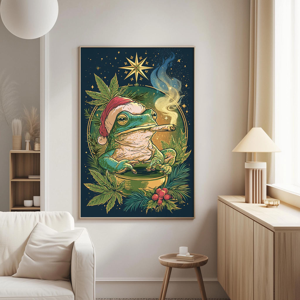 a large, colorful painting of a frog wearing a Santa hat, surrounded by tropical foliage and a starry night sky.