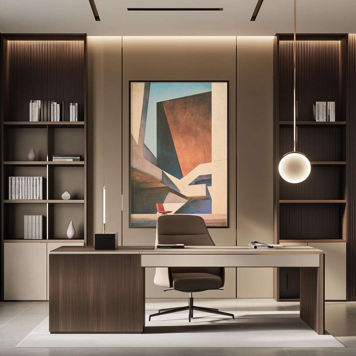 a modern and stylish office space with a large abstract painting on the wall, a wooden desk with a chair, and built-in bookshelves.