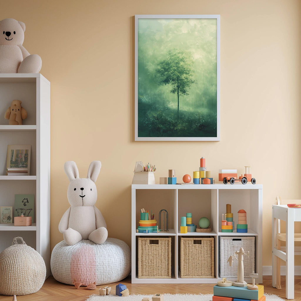 A cozy children's room with a large stuffed bunny, a bookshelf, and a toy chest filled with toys. The room has a warm, inviting atmosphere with a framed picture of a tree hanging on the wall.