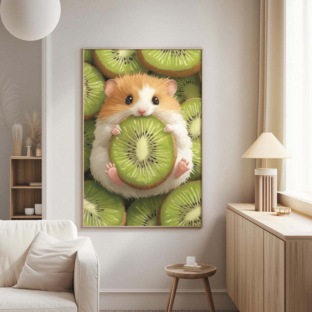 A cozy living room with a large framed painting of a hamster holding a slice of kiwi fruit hanging on the wall.