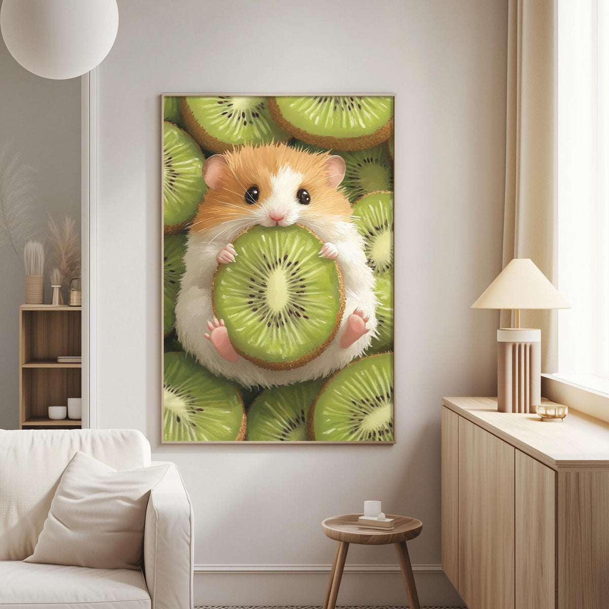 A cozy living room with a large framed painting of a hamster holding a slice of kiwi fruit hanging on the wall.