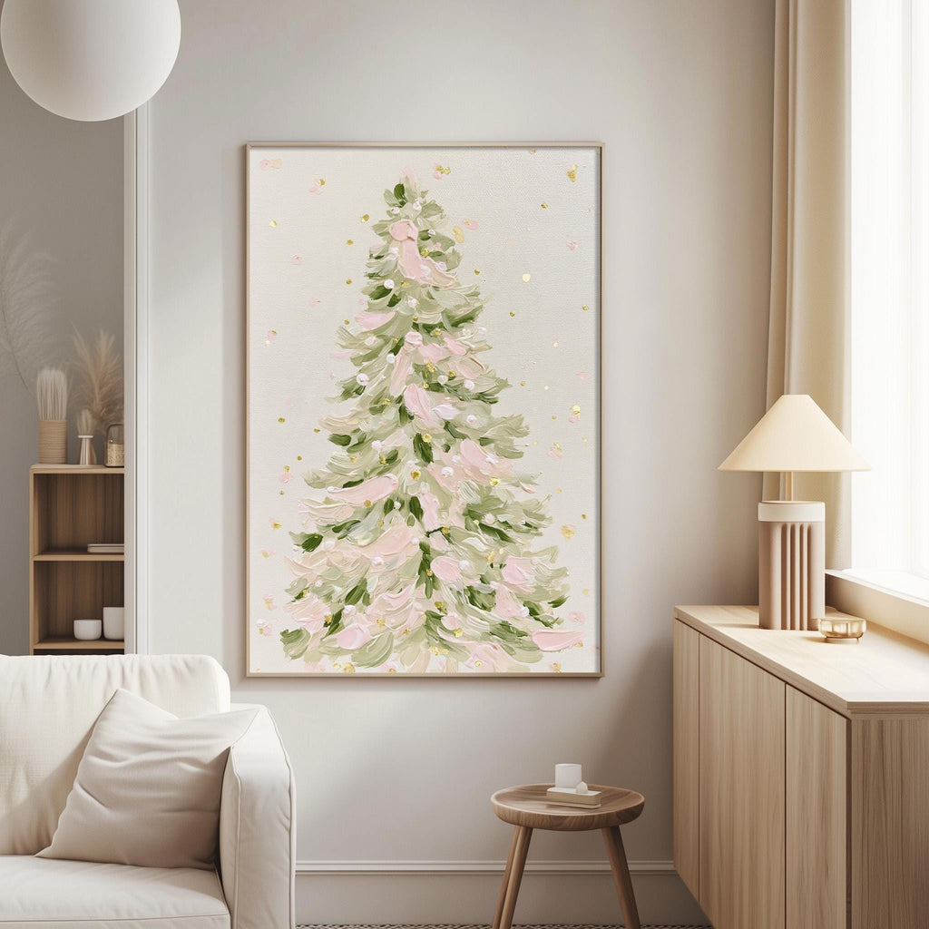 a living room with a large framed painting of a green and pink Christmas tree hanging on the wall. The room has a white sofa, a wooden side table, and a lamp on a wooden cabinet.
