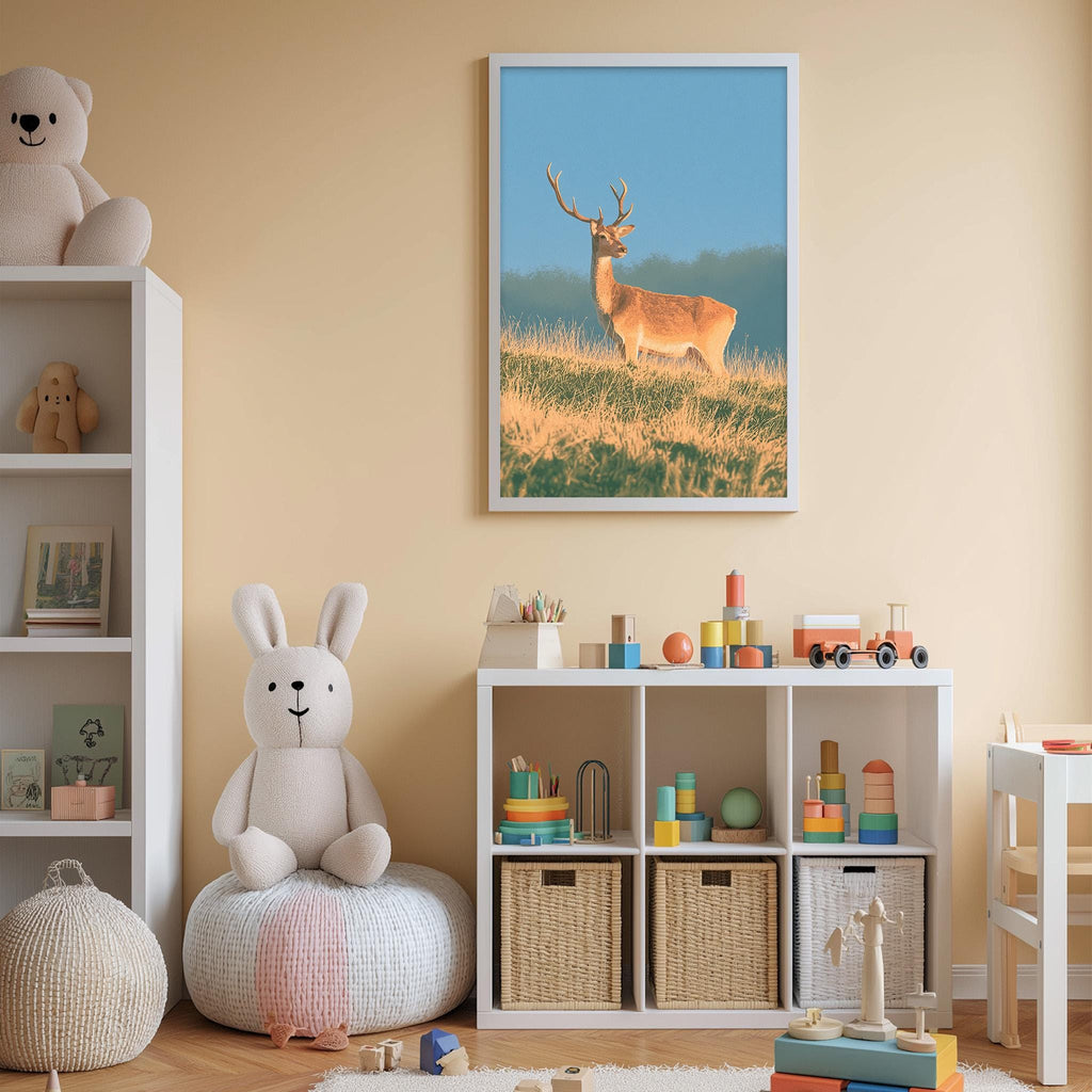 A cozy children's room with a white bookshelf, a plush rabbit, and a framed picture of a deer in a field. The room also contains various toys and storage bins, creating a warm and inviting atmosphere.