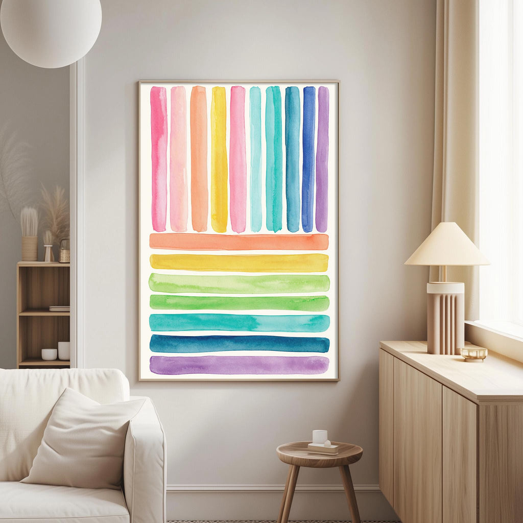 a large, colorful abstract painting hanging on a wall in a living room. The painting consists of vertical lines in various colors, creating a vibrant and eye-catching display. The room has a white couch, a wooden side table, and a lamp, creating a cozy and inviting atmosphere.