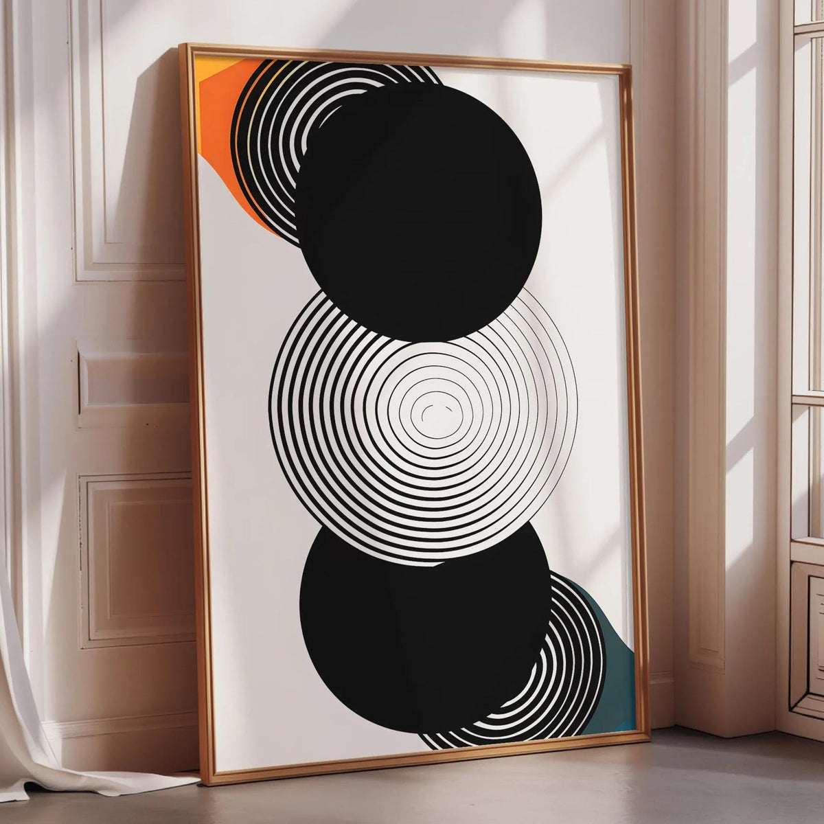 a large abstract art piece with a black and white color scheme, featuring concentric circles and a black background.