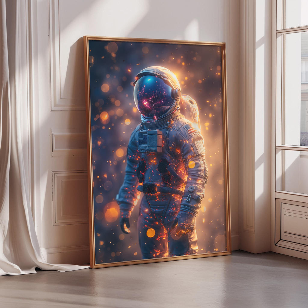 a large, framed artwork depicting an astronaut in a space suit, surrounded by a vibrant, fiery background.