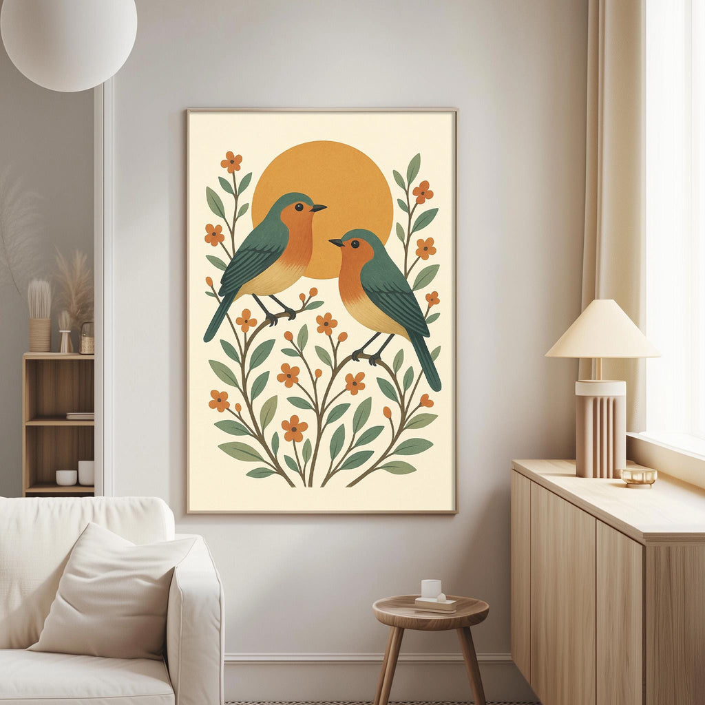 a living room with a large framed print of a bird illustration on the wall, surrounded by flowers and leaves.